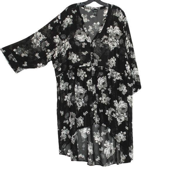 Torrid Tunic Top Floral Boho Whimsigoth Minimalist Sheer Button Up Black 4 4X - Picture 1 of 7